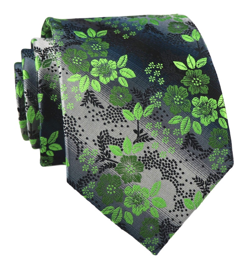 Secdtie Mens Bright Green Silver Black Tie Woven Silk Microfiber Paisley Necktie - Image 1
